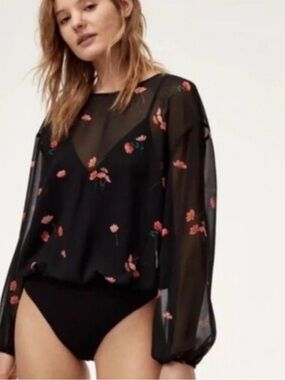 Wilfred Sheer Black Floral Bodysuit Blouse